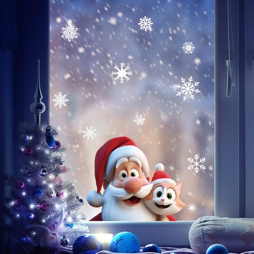 Christmas Window Clings for Glass 1 Sheet Santa Window Decals with Cat Designs Window Stickers Cute Windows Cling for Winter Party Supplies Home School Office Glass Decorations