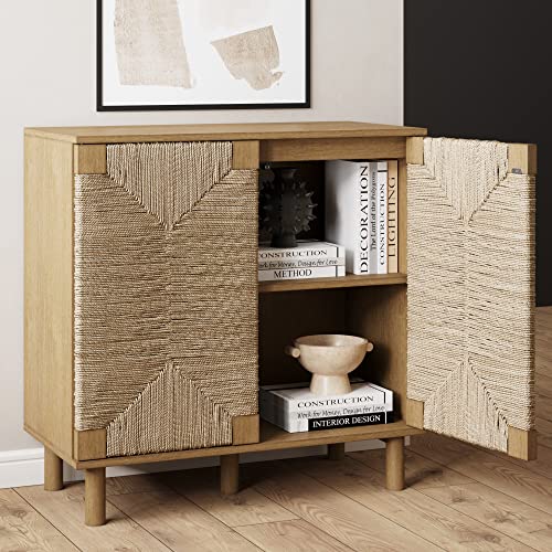 Beacon Accent Natural Sideboard Storage Cabinet TV Stand in Light Wood with Adjustable Interior Shelf and Seagrass Doors