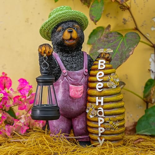 Honey Bear Garden Statue with Lighted Beehive & Lantern