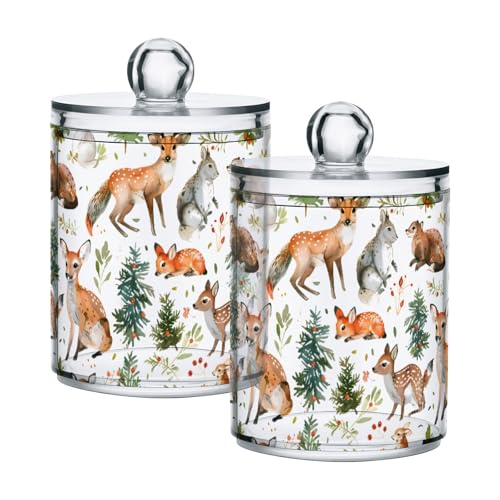 2 Pack Qtip Holder Organizer Dispenser Woodland Animals Trees Bathroom Storage Canister Cotton Ball Holder Container for Cotton Pads (2 Count)