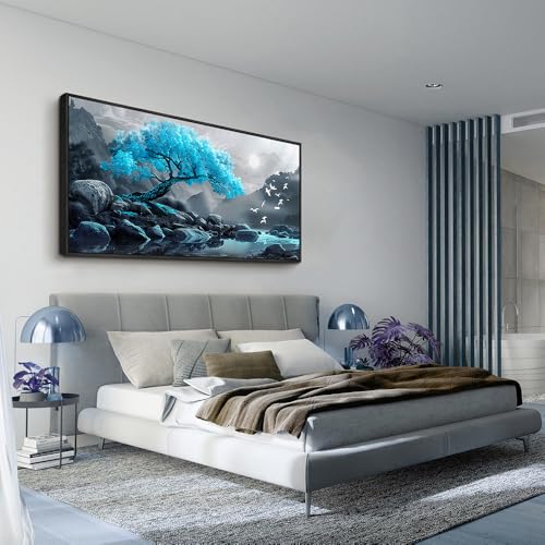 Large Black Framed Wall Decor For Living Room Canvas Wall Art For Office Modern Wall Decorations For Bedroom Blue Tree Landscape Painting Farmhouse Pictures Artwork Home Decor 24x48 In