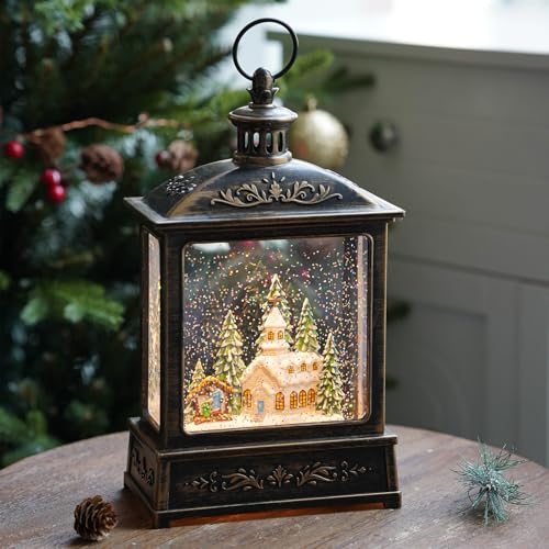 Christmas Snow Globe Lantern Water Glittering Churche & Manger Scene with Music & Timer