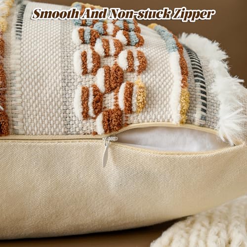 Chenille Striped Tufted Textured Boho Throw Pillow Covers Aesthetic with Tassels Woven Decorative Pillow Case for Couch Bed Sofa Bedroom Modern Funky 18 x 18