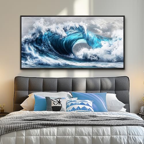 Large Canvas Blue Wave Paintings Wall Art For Living Room Wall Decoration For Bedroom Ocean Wall Pictures Printing Office Decorations Posters Modern Home Decor Black Framed 30x60 In