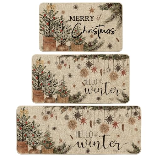 Holly Ornament Merry Christmas Kitchen Mats Set of 3