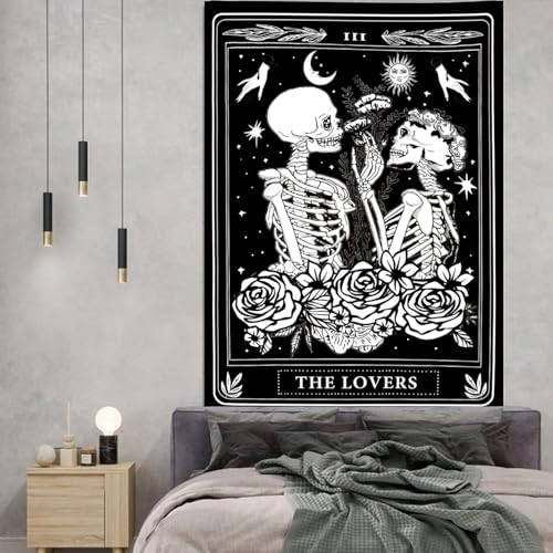 The Lovers Skull Tapestry Gothic Tapestry Vertical Black and White Skeleton Gothic Witch Sun Moon Floral Plant Snake Tapestries Wall Hanging Decor for Bedroom Dorm Room 70 x 90 Inches
