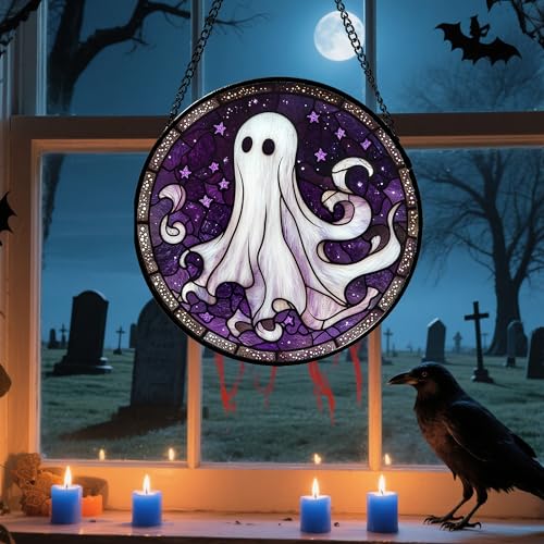 Halloween Purple Ghost Stained Glass Window Hanging Suncatcher Gifts 9.8"