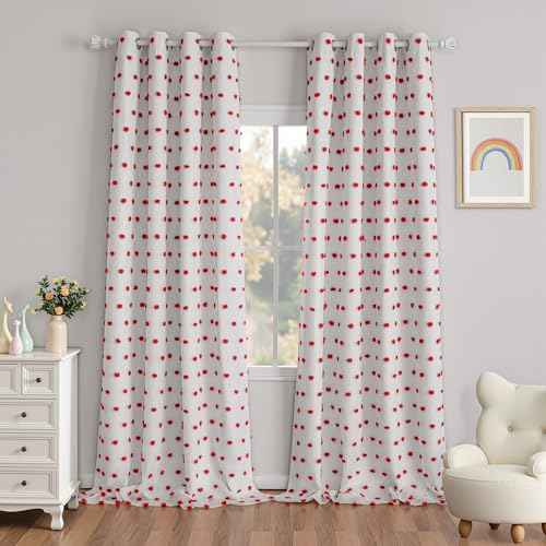 Blackout Curtains for Girls Bedroom with Red Pom Pom Sheer 90 Inch Long Total Light Blocking Curtains for Living Room 2 Panels 100% Room Darkening Grommet Double Layer Drapes 50" x 90"