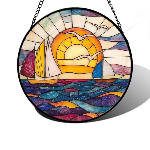 Sunset Sailboat Stained Glass Window Hanging Suncatcher Gifts Decor 7.8"
