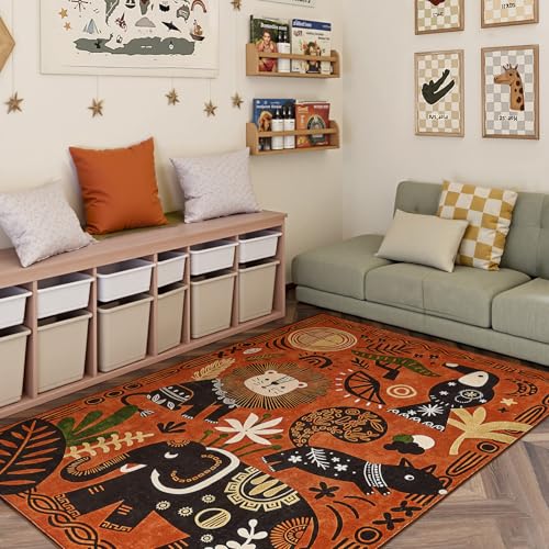 5x7 Cute Area Rug Kids Washable Fun Rug Terracotta Boho Jungle Mat (35 Sq Ft)