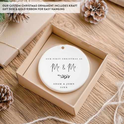 Personalized Gay Couple Wedding Round Ceramic Porcelain Tree Ornament Engagement Keepsake Gift