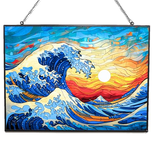 Rectangle Ocean Wave Stained Glass Suncatcher 4 Season Colorful Window Wall Ornament Hand