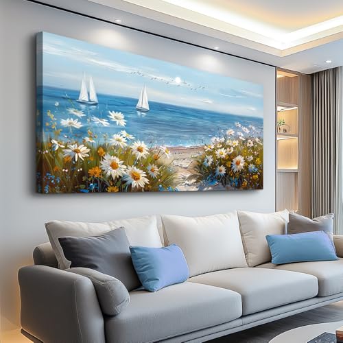 Home Decor Printing Canvas Picture Blue Ocean Landscape Painting Wall Art For Living Room Farmhouse Dinin Mural White Flowers Bedroom Office Wall Decoration Artwork Easy To Hang 20x40 In