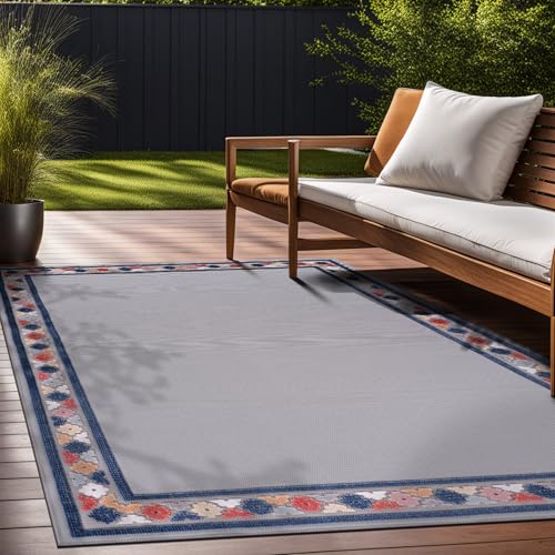 Outdoor Rug 9x12 Modern Bordered Large Area Rugs for Indoor and Outdoor Patio Easy to Clean Non Shedding Living Room Porch Garden Washable Outside Carpet