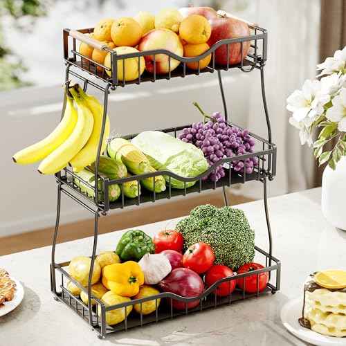 3 Tier Fruit Basket for Kitchen Countertop with 2 Banana Hangers