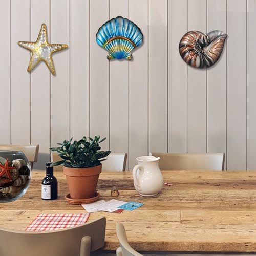 Metal Ocean Wall Sculptures Outdoor Metal Sea Star Conch Wall Art Decor Pool Garden Patio Bathroom Yard Farmhouse Fence Deck (3 Count)