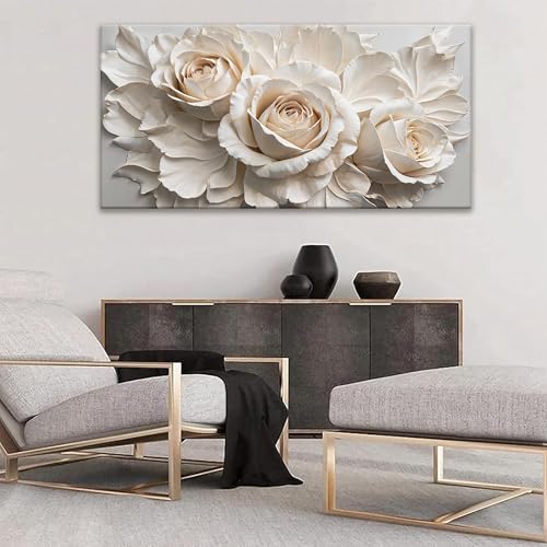 Modern White Flower Canvas Wall Art Decor For Living Room 24" X 48"