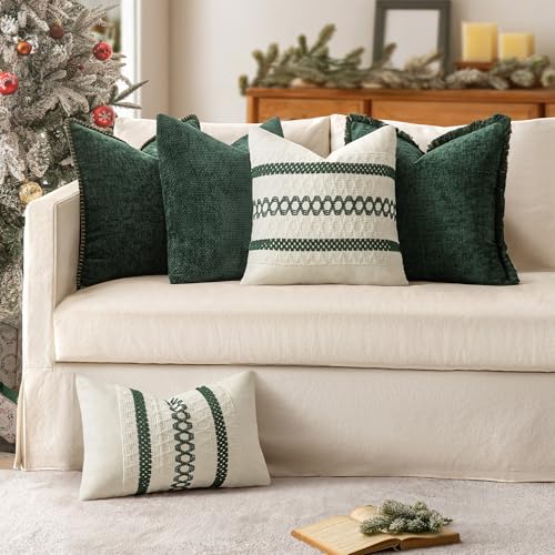 Set of 2 Dark Green Boho Christmas Decorative Pillow Covers 18x18 Inch (2 Count)