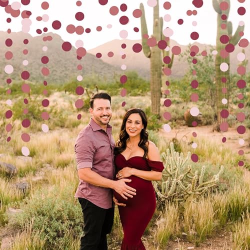 Burgundy Dusty Pink Decorations Circle Dot Garland Maroon Pink Hanging Polka Dot Streamer Banner for Wedding Birthday Bridal Shower Engagement Graduation Anniversary Garnet Party Supplies