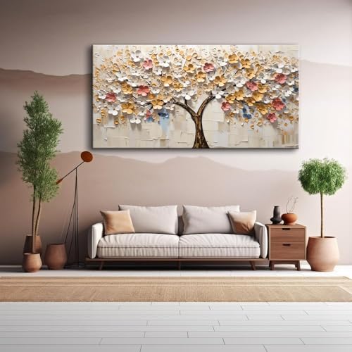 2D Flat White Spring Large Tree of Life Wall Art Office Decor Living Room Modern Painting Prints Pictures Abstract Floral Flower Nature Canvas Large Landscape Artwork