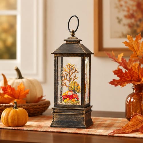 Fall Snow Globe Lantern Thanksgiving Glittering Lighted Lantern