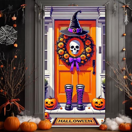 Halloween Door Cover Skull Witch Hat 35x71 Inch Polyester