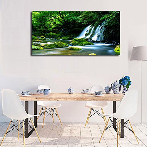 Waterfall Canvas Wall Art Living Room Decoration Large Nature Picture Artwork Modern Landscape Painting Green Forest Prints for Kitchen Office Wall Decor Home Decorations 29" x 58"