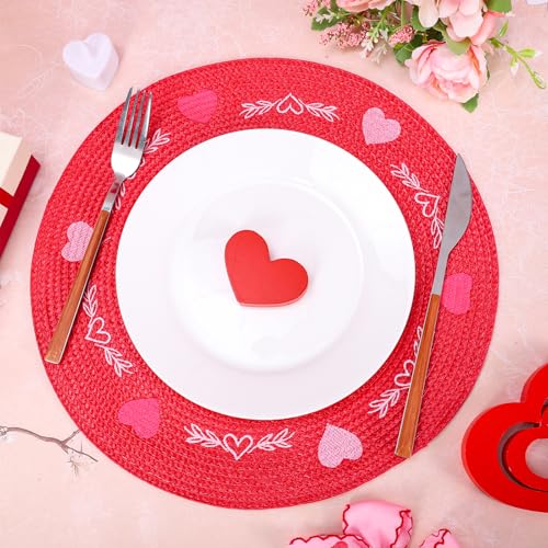 4 Pcs Round Valentine's Day Red Pink Placemats Embroidered Place Mats Love Heart Table Mat Decorative Dinner Table Mats for Home Wedding Anniversary Party Decor (4 Count)