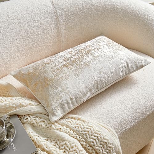 Cream Champagne Metallic Jacquard Lumbar Throw Pillow Cover 12x20 Velvet Back Modern Glam Sofa Decor
