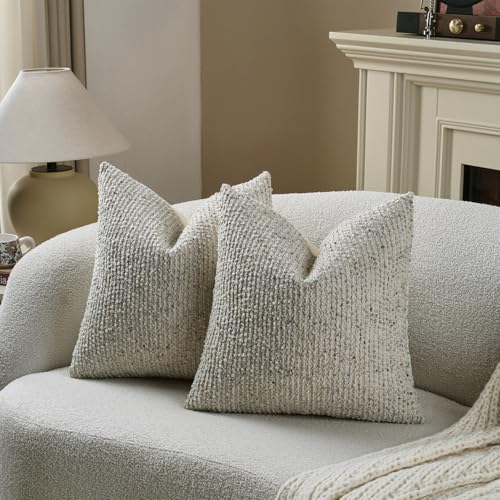 Striped Throw Pillow Covers 18x18 Set of 2 Cream Grey Textured Boucle Chic Morden Boho Accent Farmhouse Square Decorative Couch Pillow Covers for Home Decor Bed Sofa Living Room (2 Count)