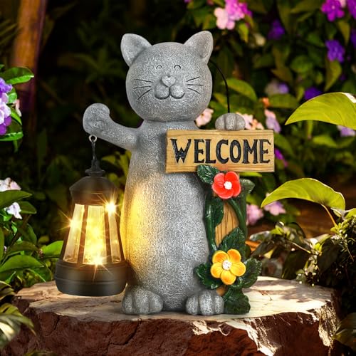 Garden Statue Solar Cat Figurine with Lantern