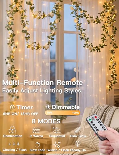 60LED Garland with White Camellia Lights Battery Operated Clear Wire