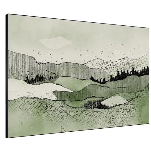 36"x46" Extra Large Framed Wall Art Green Line Art Mountain Landscape Illustration for Home Living Room Bedroom Decor