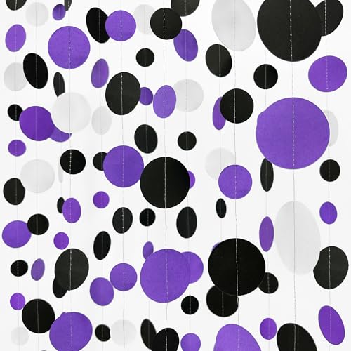 46Ft Purple Black Circle Dots Garlands Black Purple and White Polka Dot Hanging Paper Streamer Banners for Birthday Graduation Wedding Bridal Shower Halloween Party Decorations Supplies