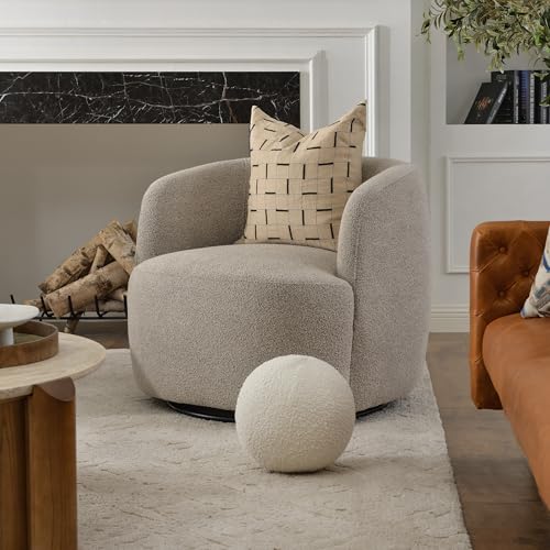 34" W Boucle Swivel Barrel Chair with Toss Pillow