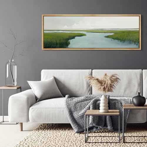 Large Framed Canvas Print Wall Art Serene Marshland Landscape Green and Blue Peaceful Illustrations Antique Retro Fine Art Illustrations Decorative Colorful for Bedroom