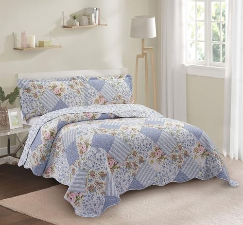 Blue Roses Patchwork Quilt Set