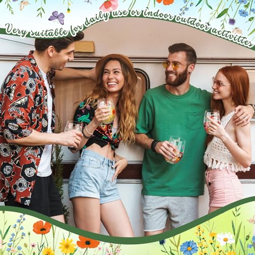 2 Pack 17oz Wildflower Stemless Wine Glasses Floral Butterfly Drinking Glasses Spring Flowers Tumbler Cups for Graduation Wedding Mother's Day Birthday Drinking Party Favors (2 Count)