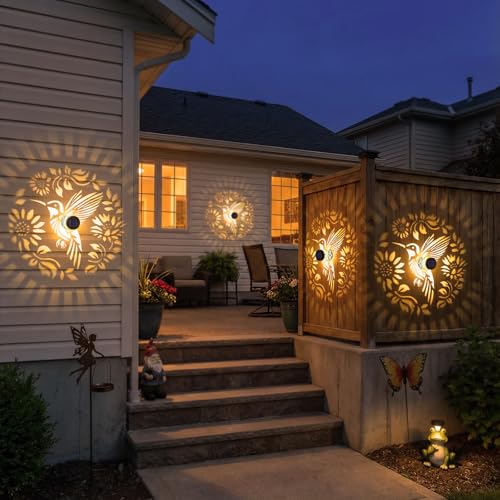 2 Pack Solar Fence Lights Metal Solar Powered Outdoor Wall Deck Step Lights Hummingbird Floral Theme Waterproof Fence Light for Garden Post Patio Backyard Yard Decor (2 Count)