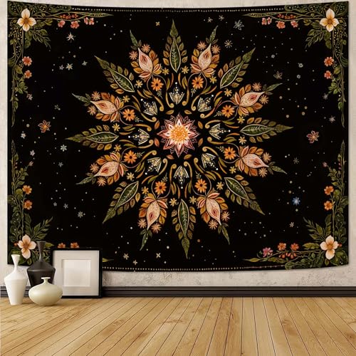 Boho Floral Mandala Tapestry for Bedroom Aesthetic Vintage Bohemian Flower Wall Tapestry Black Green Hippie Indian Extra Large Tapestries Wall Hanging for Living Room Dorm Decor 90 x 68 Inch
