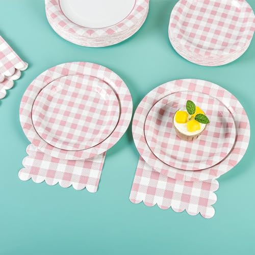 175 Pcs Pink Gingham Paper Plates and Napkins with Cups (175 Count)