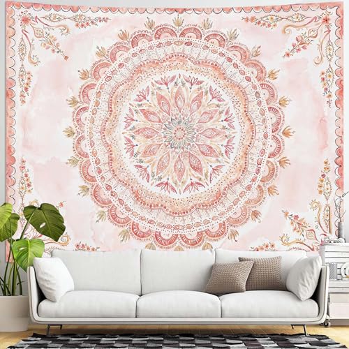 Boho Floral Mandala Tapestry Wall Hanging Pink Bohemian Flower Medallion Tapestry Aesthetic Watercolor Hippie Indian Extra Large Tapestries for Bedroom Living Room Dorm Decor 90 x 68 Inch