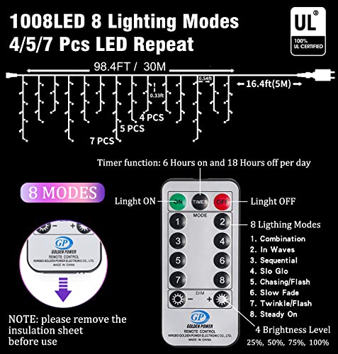 Christmas Icicle Lights Outdoor Decorations 1008 LED 98.4 FT Icicle String Lights with 189 Drops