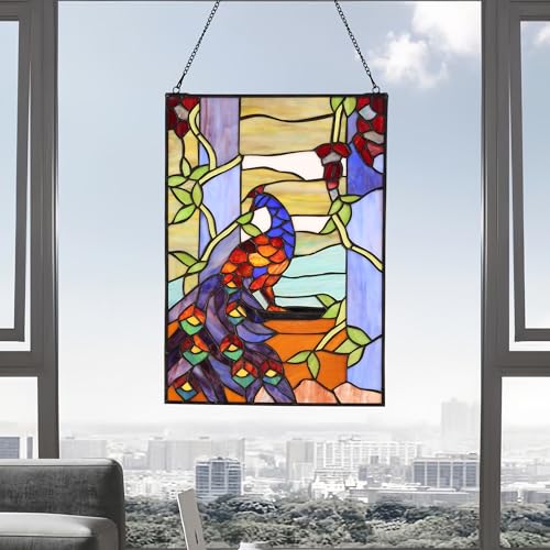 Stained Glass Window Hanging 16" H x 11" W Tiffany Style Rectangular Window Panel Suitable for Living Room Bedroom Kitchen Window Decoration Hangings with Chain