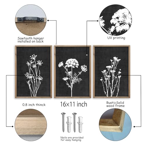 Flower Plant Wall Art Decor 16"x11" Set of 3 Black And White Wood Black