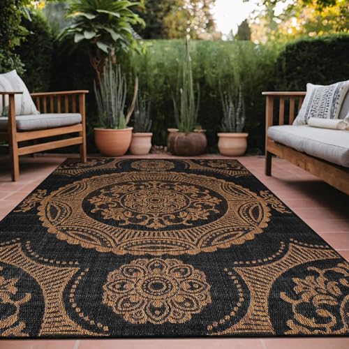 Medallion Outdoor Rug 9x12 Washable Outside Carpet for Indoor Patio Porch Waterproof Easy Cleaning Non Shedding Area Rugs Nut Brown 9 x 12