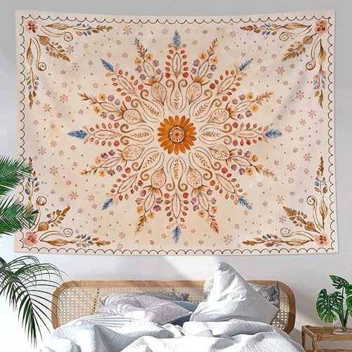 Boho Floral Mandala Tapestry for Bedroom Aesthetic Watercolor Bohemian Flower Wall Tapestry Brown Beige Hippie Indian Tapestries Wall Hanging for Living Room Dorm Decor 60 x 44 Inch
