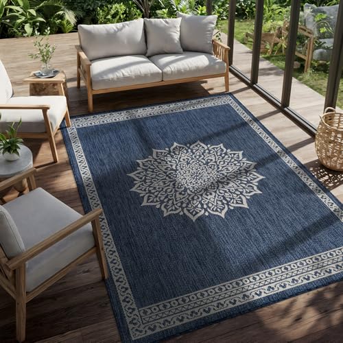 Outdoor Rug 9x12 Medallion Blue Modern Large Area Rugs for Indoor and Outdoor Patios Kitchen and Hallway Mats Washable Porch Deck Outside Carpet (108 Sq Ft)