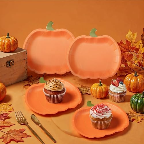 Pumpkin Party Plates Fall Disposable Paper Plate Dessert Shaped Tableware for Summerween Birthday Baby Shower Halloween Classroom Autumn Harvest Thanksgiving Party Favor Decorations 48pcs (48 Count)