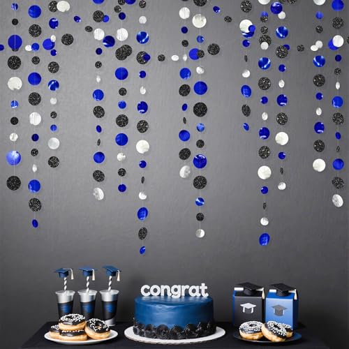 46Ft Navy Blue Black Silver Circle Dots Garland Royal Blue Black Polka Dots Streamer for Birthday Graduations Wedding Bridal Shower Nautical Ahoy Achor Pirate Themed Party Decorations Supplies